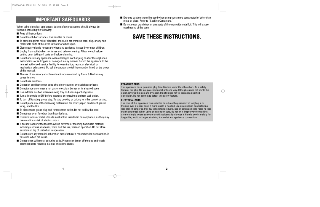 Black & Decker CTO9500 manual Save These Instructions, Important Safeguards 