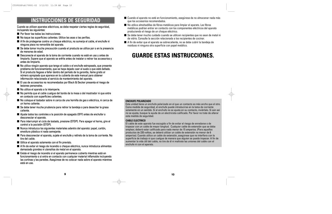 Black & Decker CTO9500 manual Guarde Estas Instrucciones, Instrucciones De Seguridad 