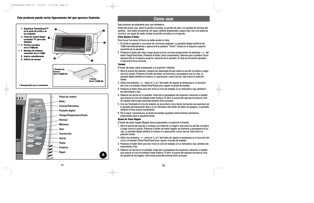 Black & Decker CTO9500 manual Como usar, Como Ajustar el Reloj, Tostado, Panel de control Reloj Celsius/Fahrenheit 