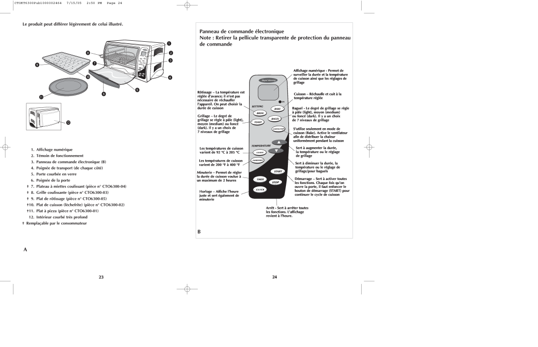 Black & Decker CTOKT6300 manual Panneau de commande électronique 