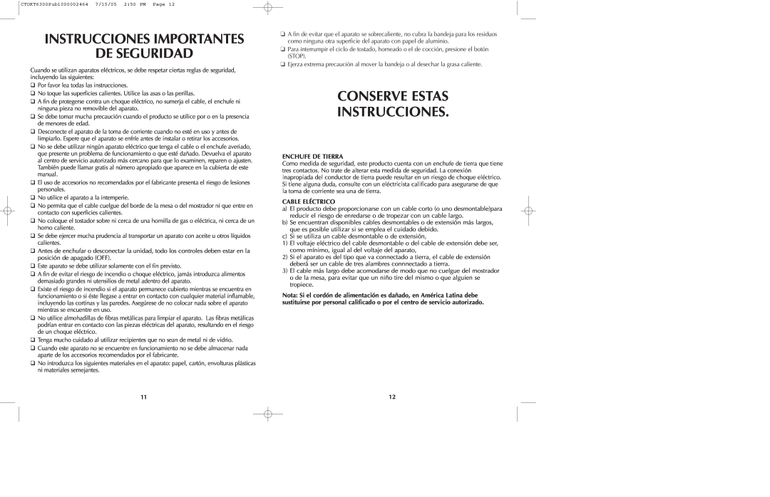 Black & Decker CTOKT6300 manual Instrucciones Importantes De Seguridad, Conserve Estas Instrucciones, Enchufe De Tierra 