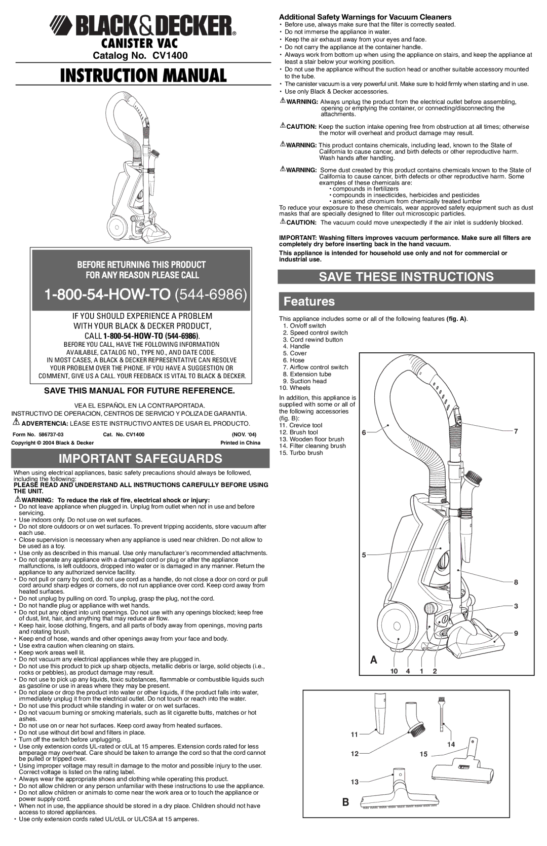 Black & Decker 586737-03 instruction manual Important Safeguards, Features, Additional Safety Warnings for Vacuum Cleaners 