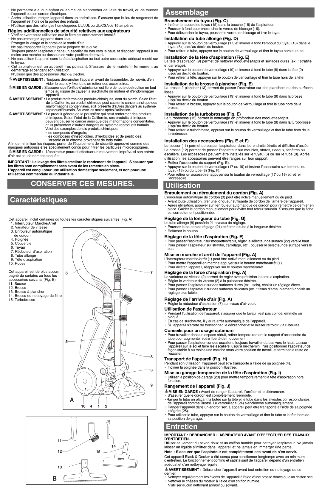 Black & Decker CV1400, 586737-03 Conserver CES Mesures, Caractéristiques, Assemblage, Utilisation, Entretien 