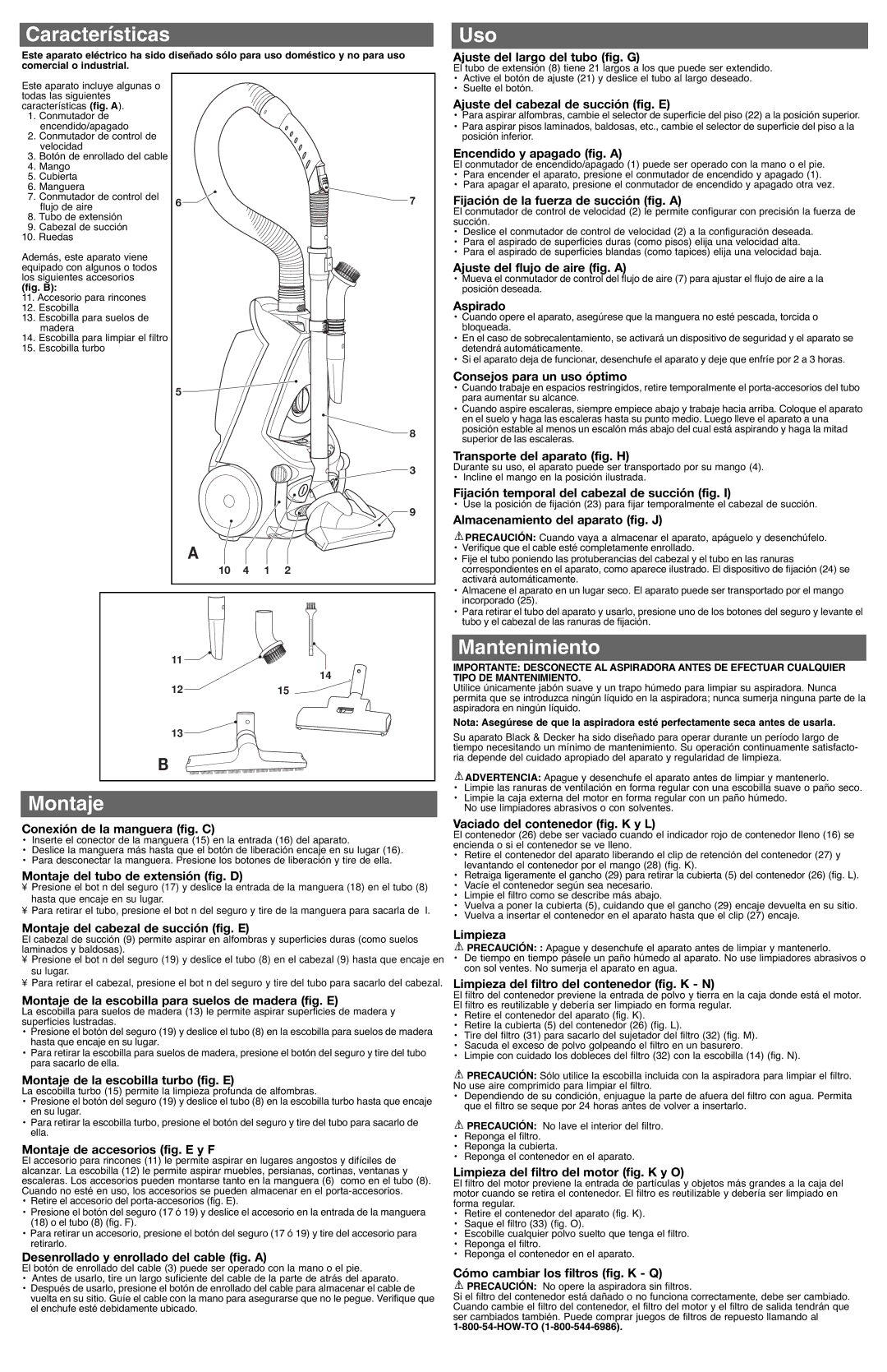 Black & Decker CV1400, 586737-03 instruction manual Características, Montaje, Uso, Mantenimiento 