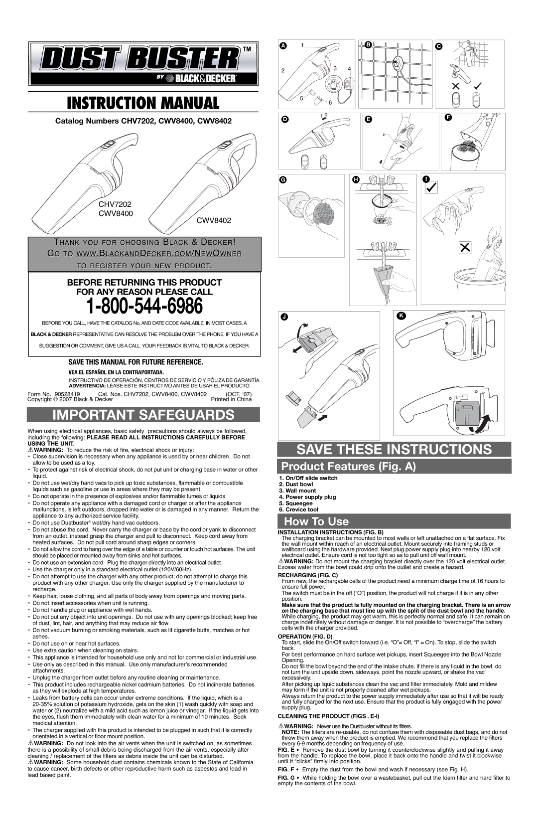 Black & Decker CWV8402, CWV8400 instruction manual Using the Unit, Installation Instructions FIG. B, Recharging FIG. C 