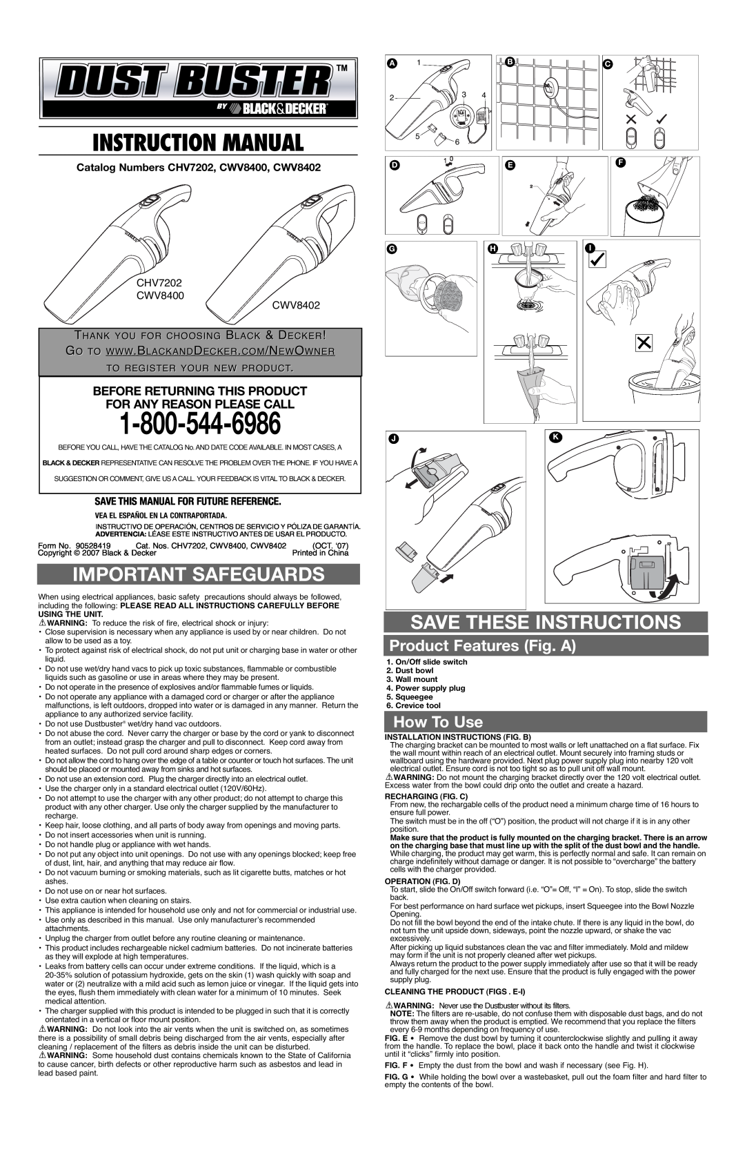 Black & Decker CWV8402, CWV8400 instruction manual Important Safeguards, Save These Instructions, Product Features Fig. A 