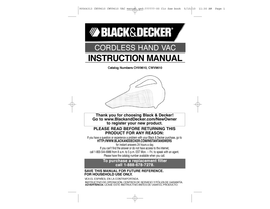 Black & Decker CHV9610, CWV9610 instruction manual Cordless Hand VAC 