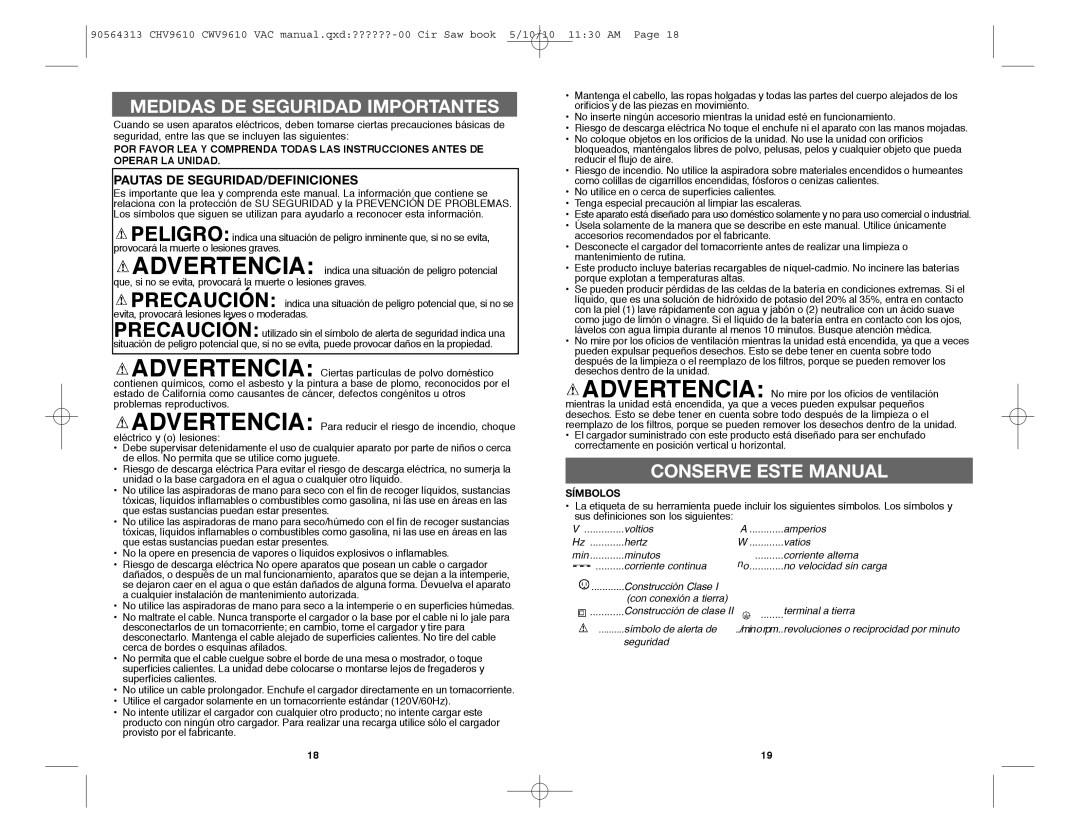 Black & Decker CWV9610, CHV9610 instruction manual Pautas DE SEGURIDAD/DEFINICIONES, Símbolos 