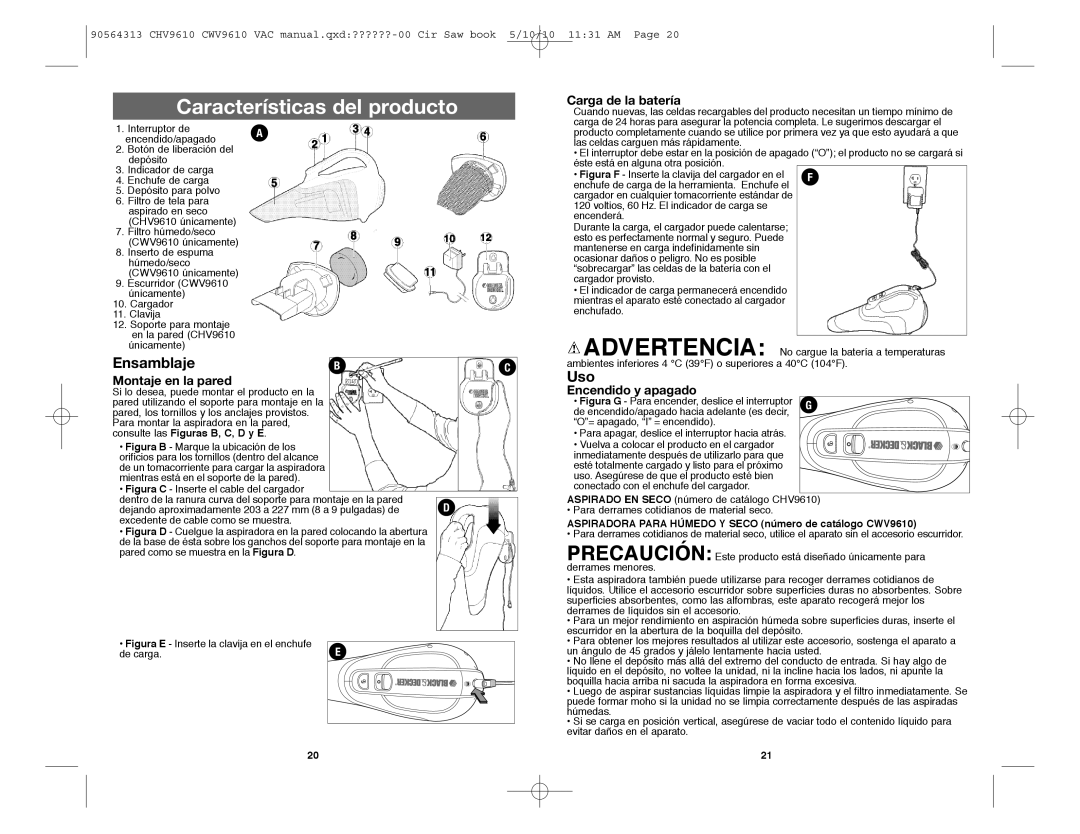 Black & Decker CHV9610, CWV9610 instruction manual Uso, Carga de la batería, Montaje en la pared, Encendido y apagado 