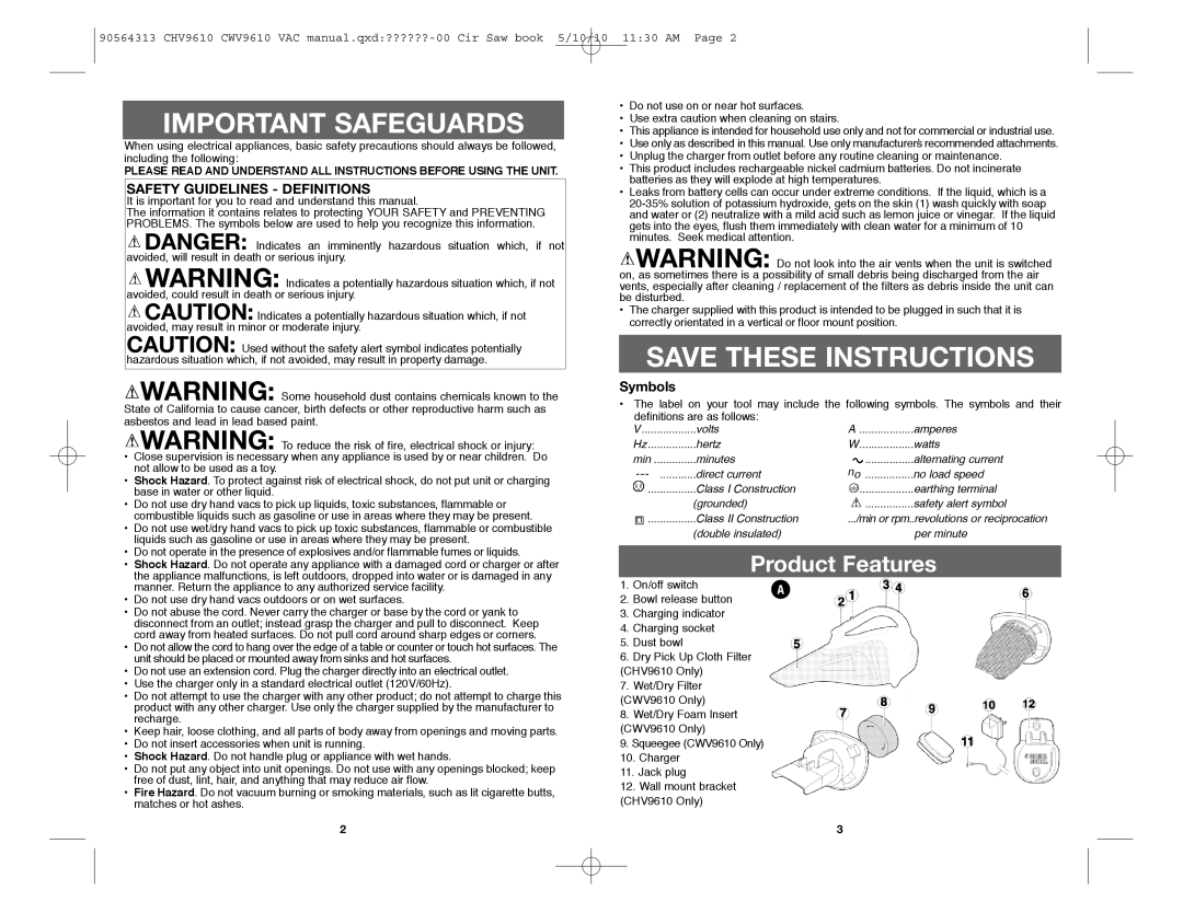 Black & Decker CWV9610 Safety Guidelines Definitions, Symbols, It is important for you to read and understand this manual 