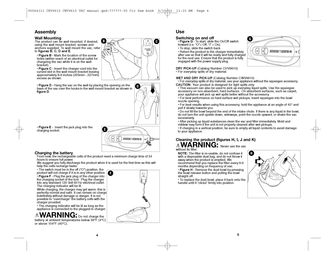 Black & Decker CHV9610, CWV9610 instruction manual Assembly, Use 