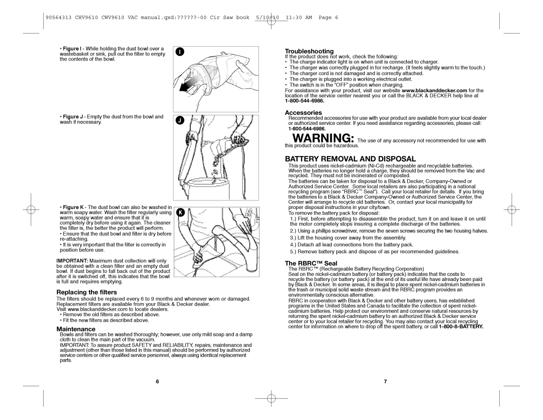 Black & Decker CWV9610, CHV9610 Replacing the filters, Maintenance, Troubleshooting, Accessories, Rbrc Seal 