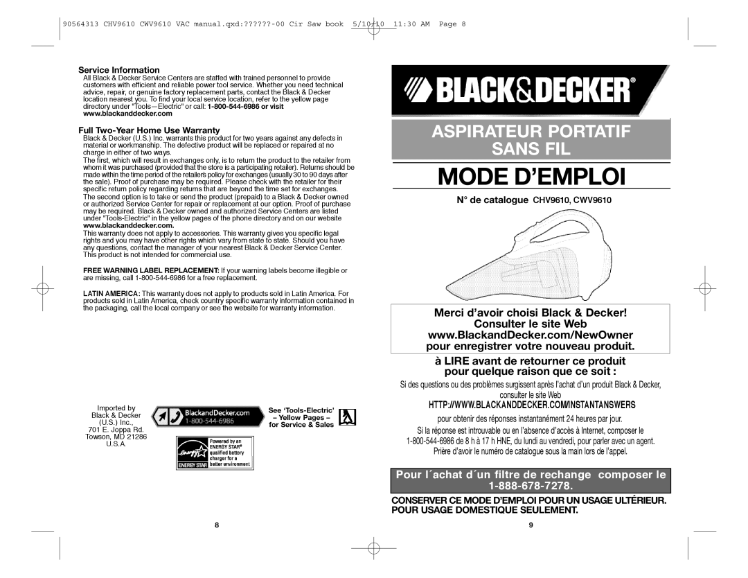 Black & Decker CHV9610, CWV9610 instruction manual Service Information Full Two-Year Home Use Warranty, Black & Decker 