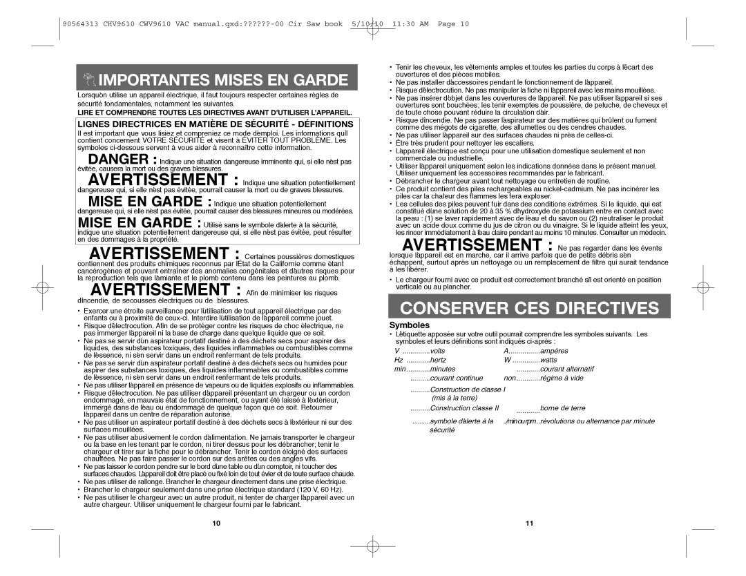 Black & Decker CWV9610, CHV9610 instruction manual Lignes Directrices EN Matière DE Sécurité Définitions, Symboles 