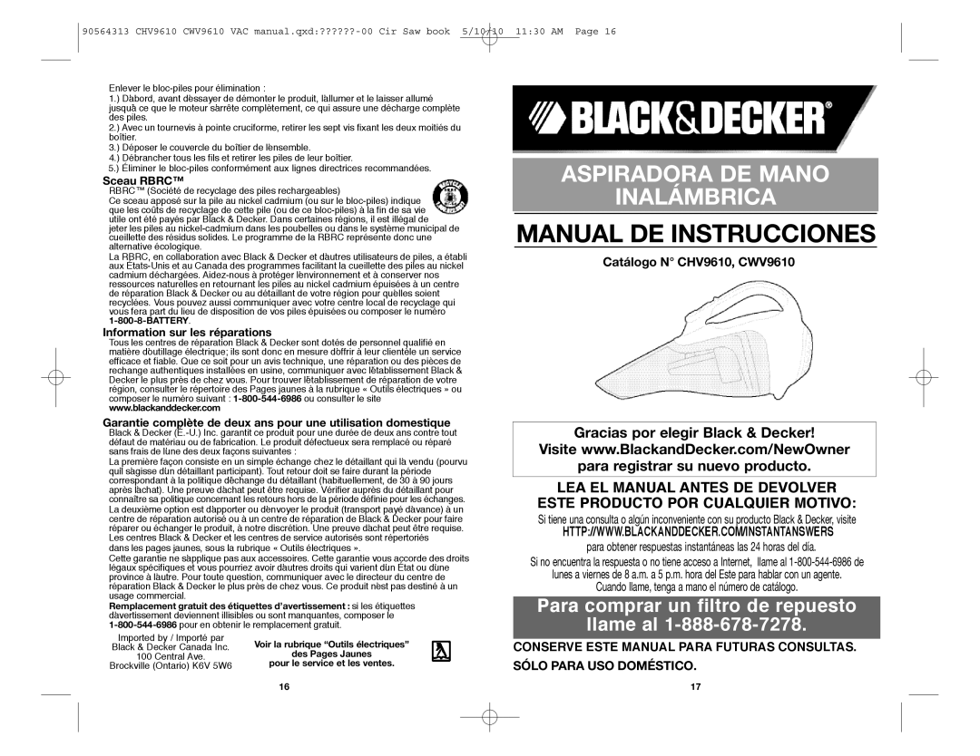 Black & Decker CHV9610 Sceau Rbrc, Information sur les réparations, Rbrc Société de recyclage des piles rechargeables 