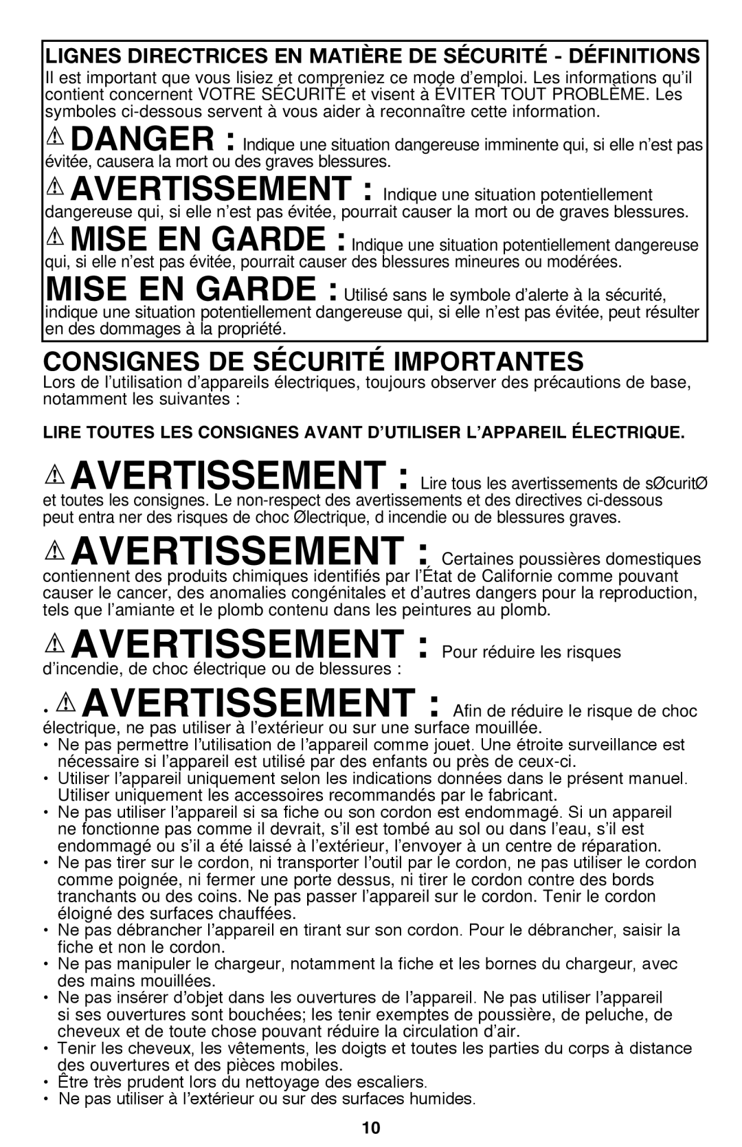 Black & Decker CWV9610R Consignes DE Sécurité Importantes, Lignes directrices en matière de sécurité définitions 