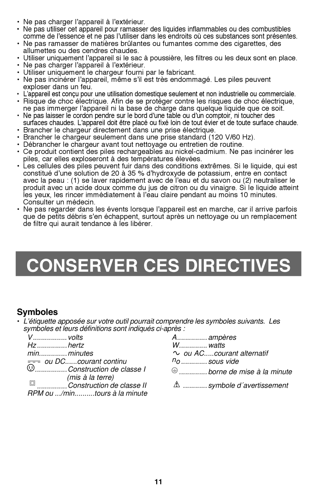 Black & Decker CHV9610, CWV9610R instruction manual Symboles, Ne pas charger l’appareil à l’extérieur 