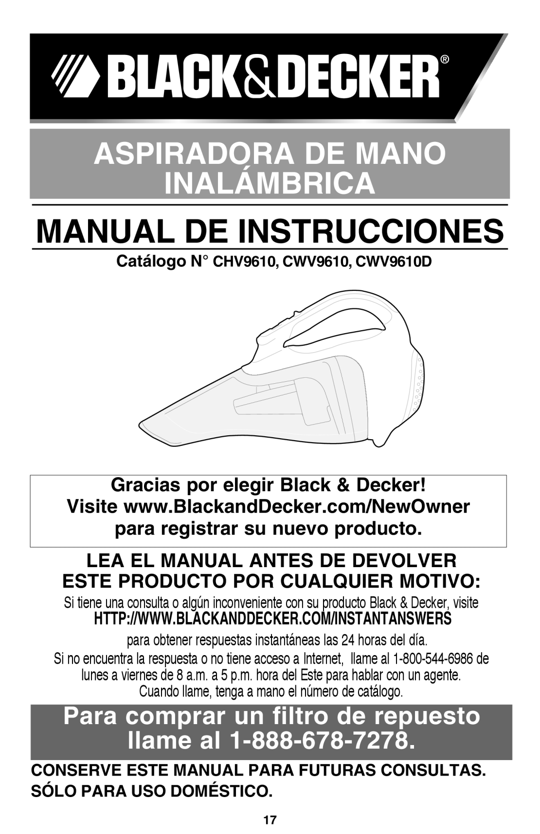 Black & Decker CWV9610R instruction manual Manual DE Instrucciones, Catálogo N CHV9610, CWV9610, CWV9610D 