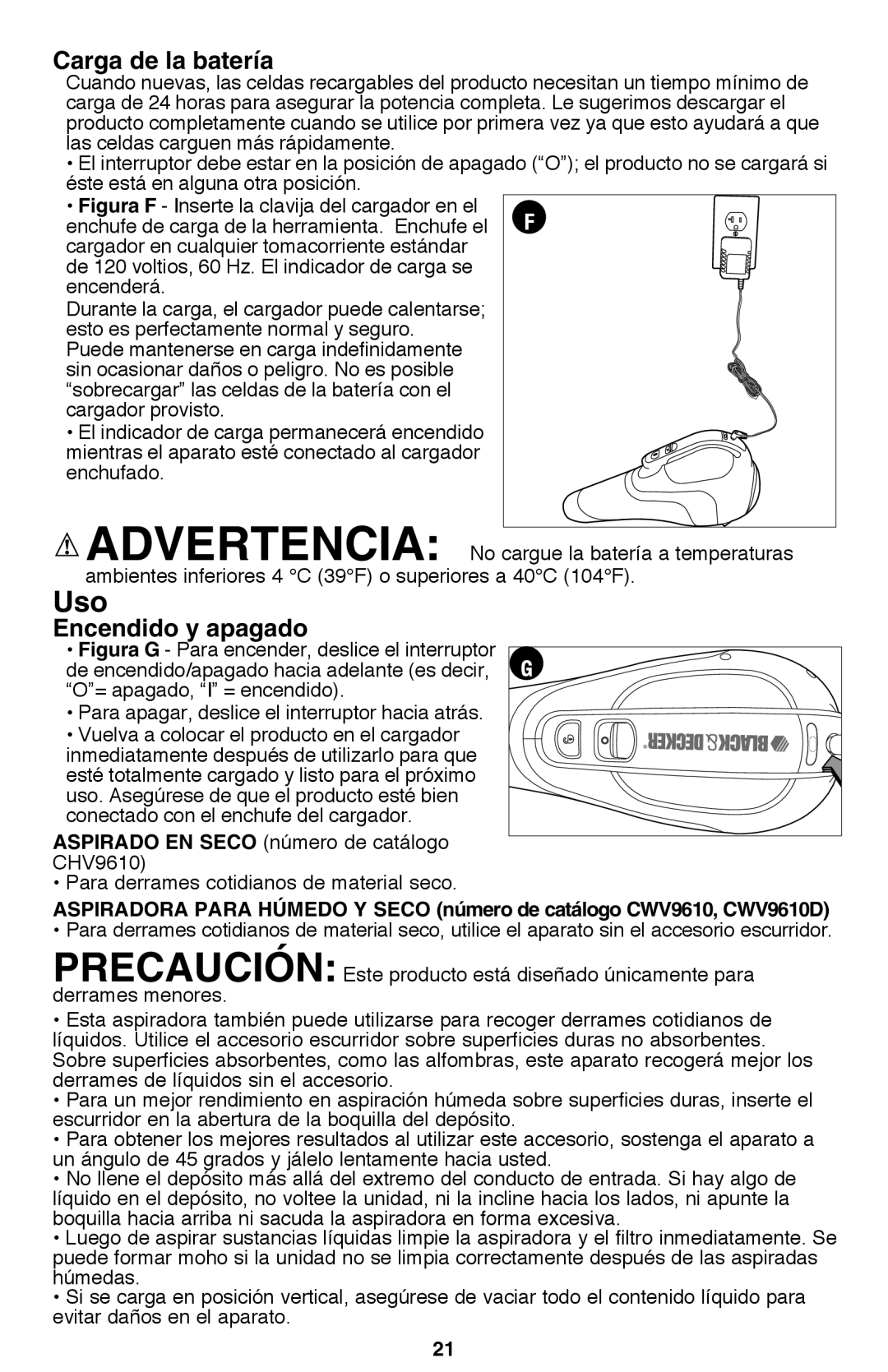 Black & Decker CWV9610R, CHV9610 instruction manual Uso, Carga de la batería, Encendido y apagado 