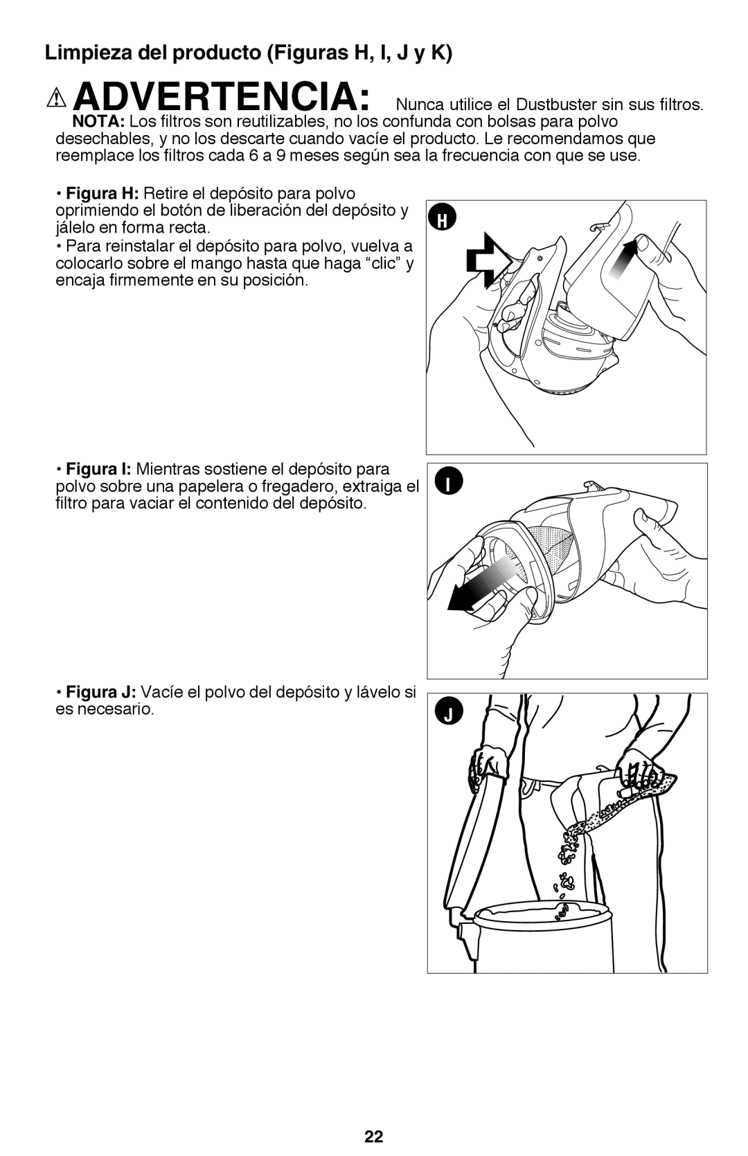 Black & Decker CWV9610R, CHV9610 instruction manual Limpieza del producto Figuras H, I, J y K 