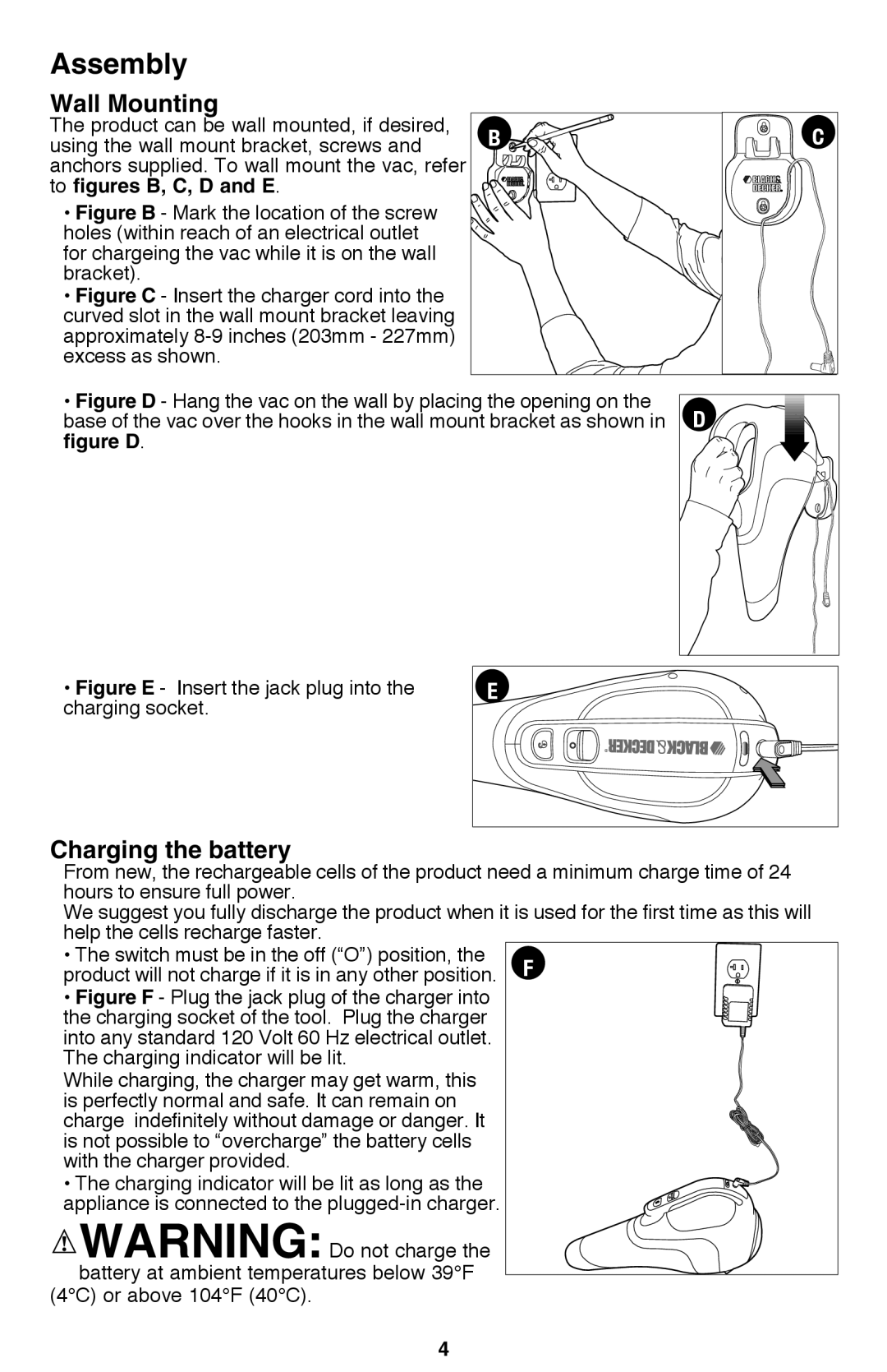 Black & Decker CWV9610R, CHV9610 instruction manual Assembly, Wall Mounting, Charging the battery 