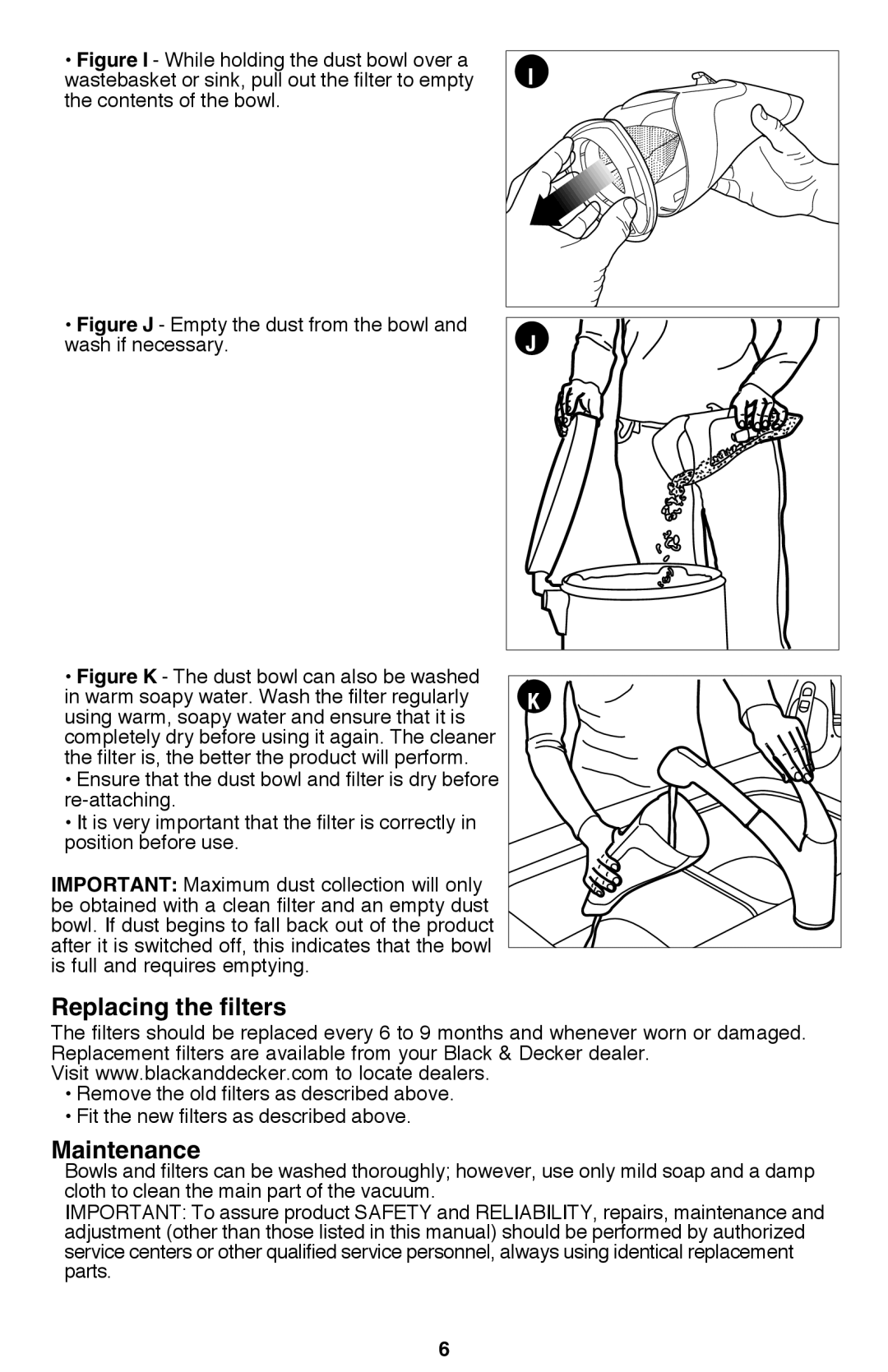 Black & Decker CWV9610R, CHV9610 instruction manual Replacing the filters, Maintenance 