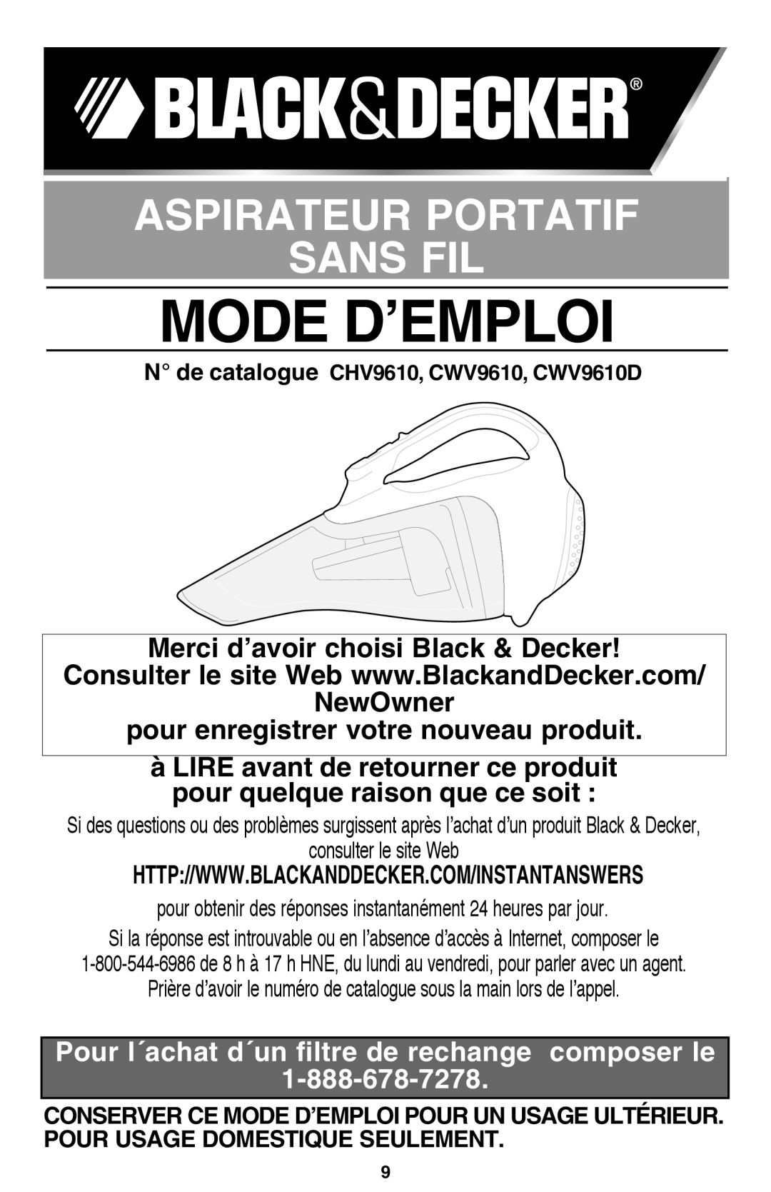 Black & Decker CWV9610R instruction manual Mode D’EMPLOI, De catalogue CHV9610, CWV9610, CWV9610D 