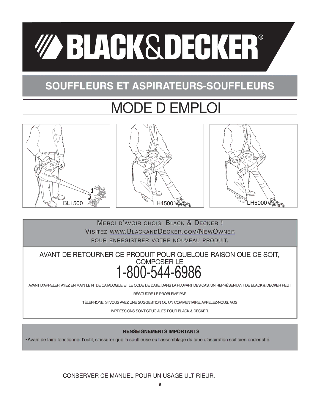 Black & Decker 90538065, CWV9610R, LH4500A, CCS818R, BL1500, LH5000, BDCMTTSR, BDCMTIR Mode D’EMPLOI, Renseignements Importants 