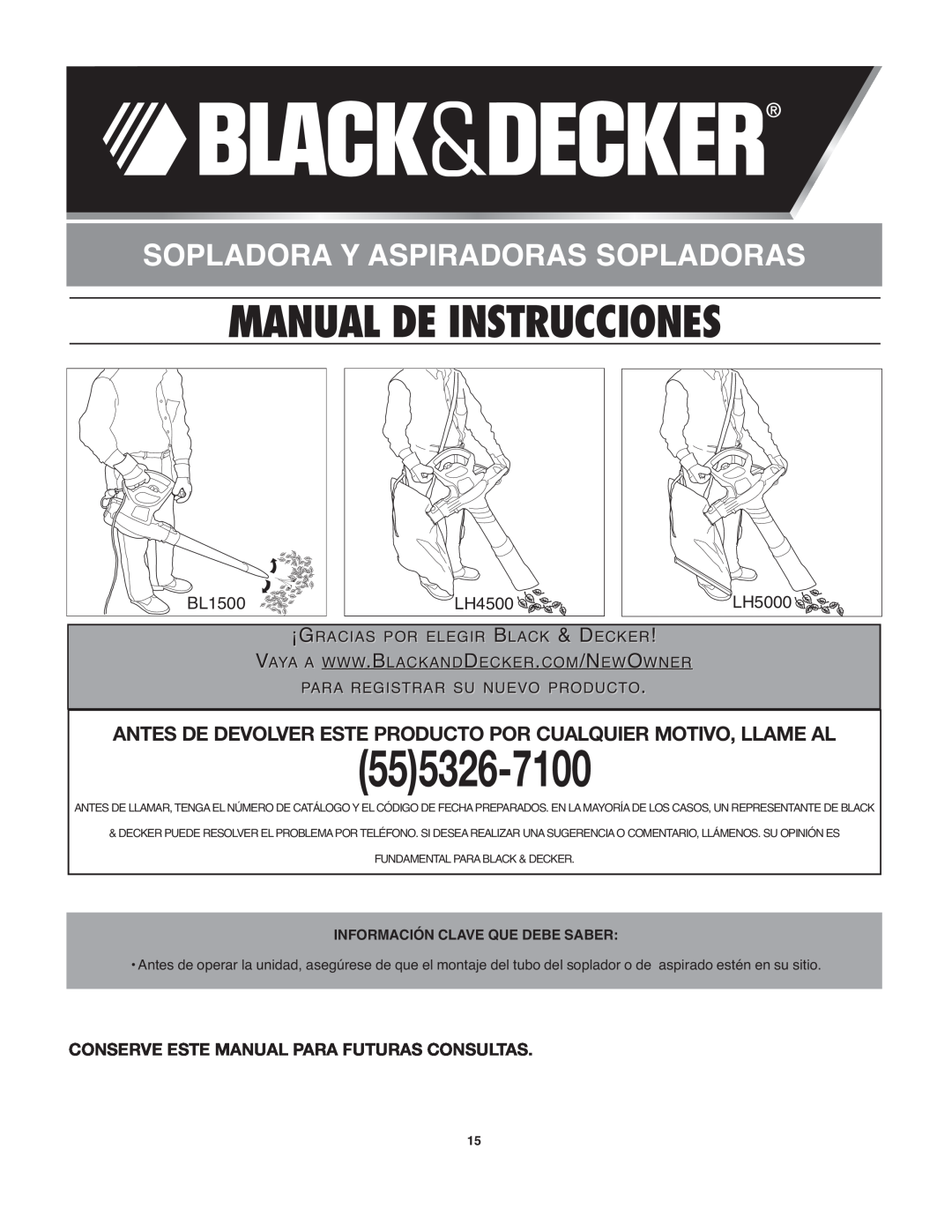 Black & Decker LH5000, CWV9610R 555326-7100, Manual De Instrucciones, Sopladora Y Aspiradoras Sopladoras, BL1500, LH4500 