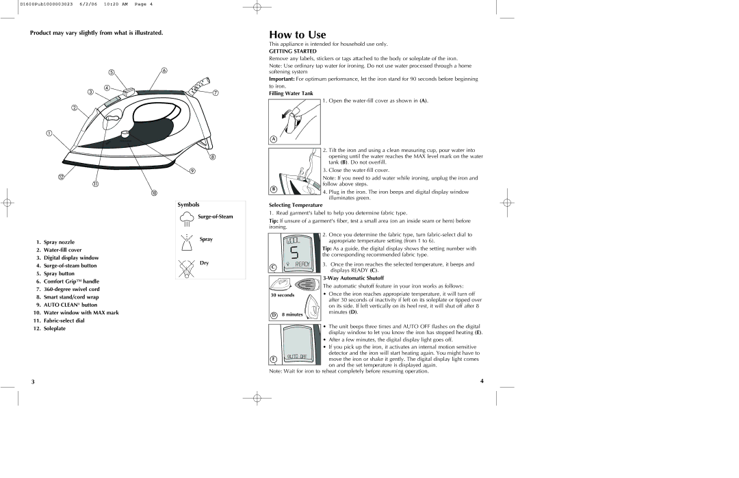 Black & Decker D1500, D1200 How to Use, Product may vary slightly from what is illustrated, Symbols, Filling Water Tank 