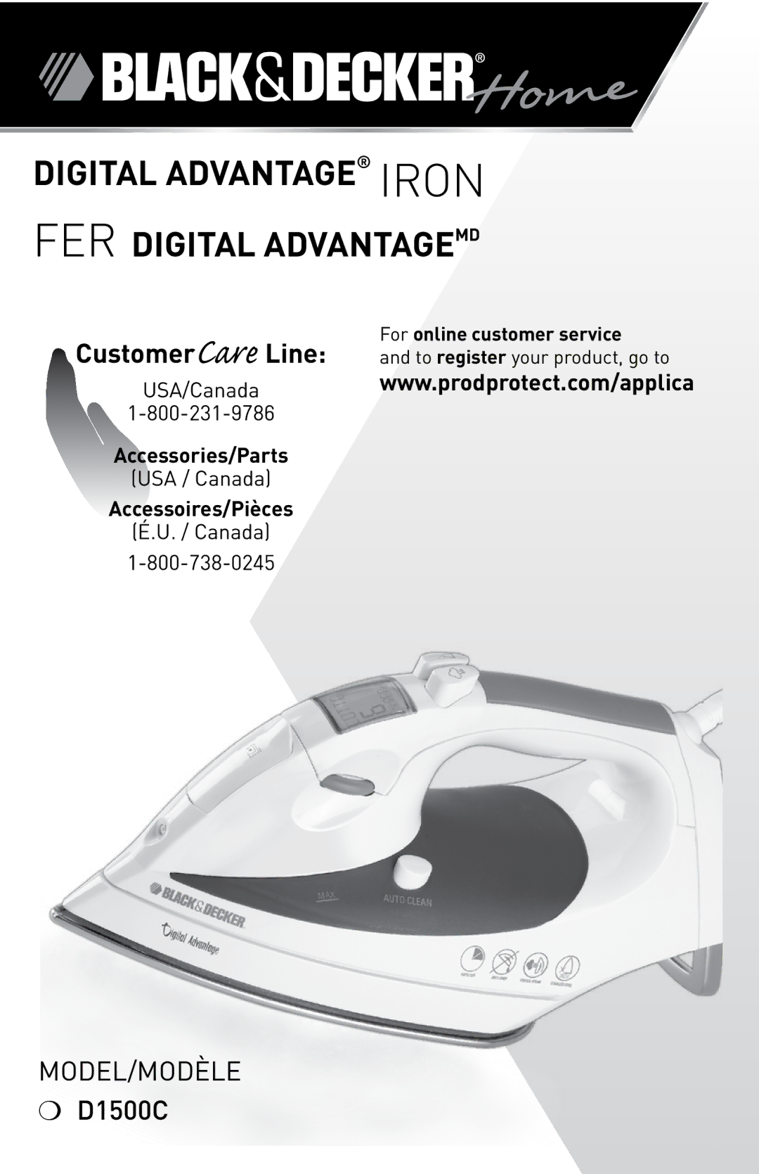 Black & Decker D1500C manual Digital ADvANTAGE Iron FER Digital ADvANTAGEMD, For online customer service 