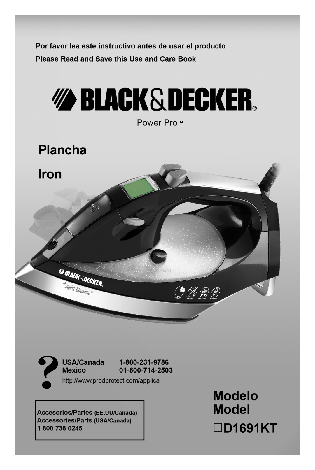 Black & Decker manual Plancha Iron, Modelo D1691KT, USA/Canada Mexico 