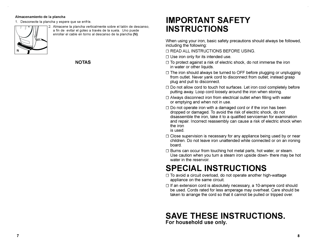 Black & Decker D1691KT manual Important Safety Instructions, Almacenamiento de la plancha 