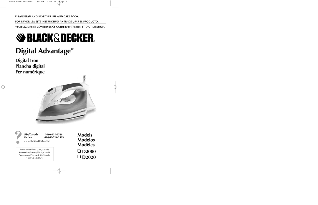 Black & Decker manual Digital Iron Plancha digital Fer numérique, Models Modelos Modèles D2000 D2020 