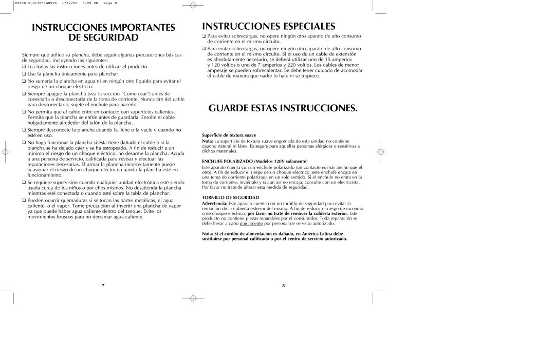 Black & Decker D2020 manual Instrucciones Importantes DE Seguridad, Instrucciones Especiales, Guarde Estas Instrucciones 