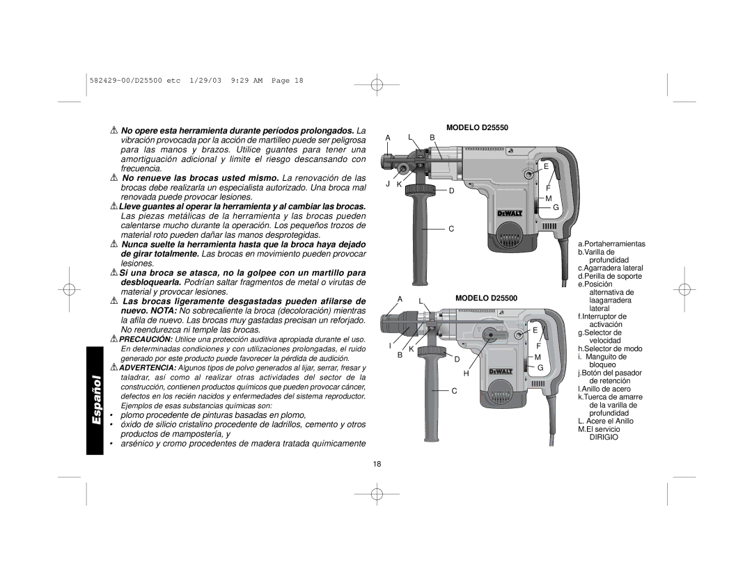 Black & Decker D25830, D25550, D25650, D25850, 582429-00, D25551, D25500, D25600 manual Lesiones 