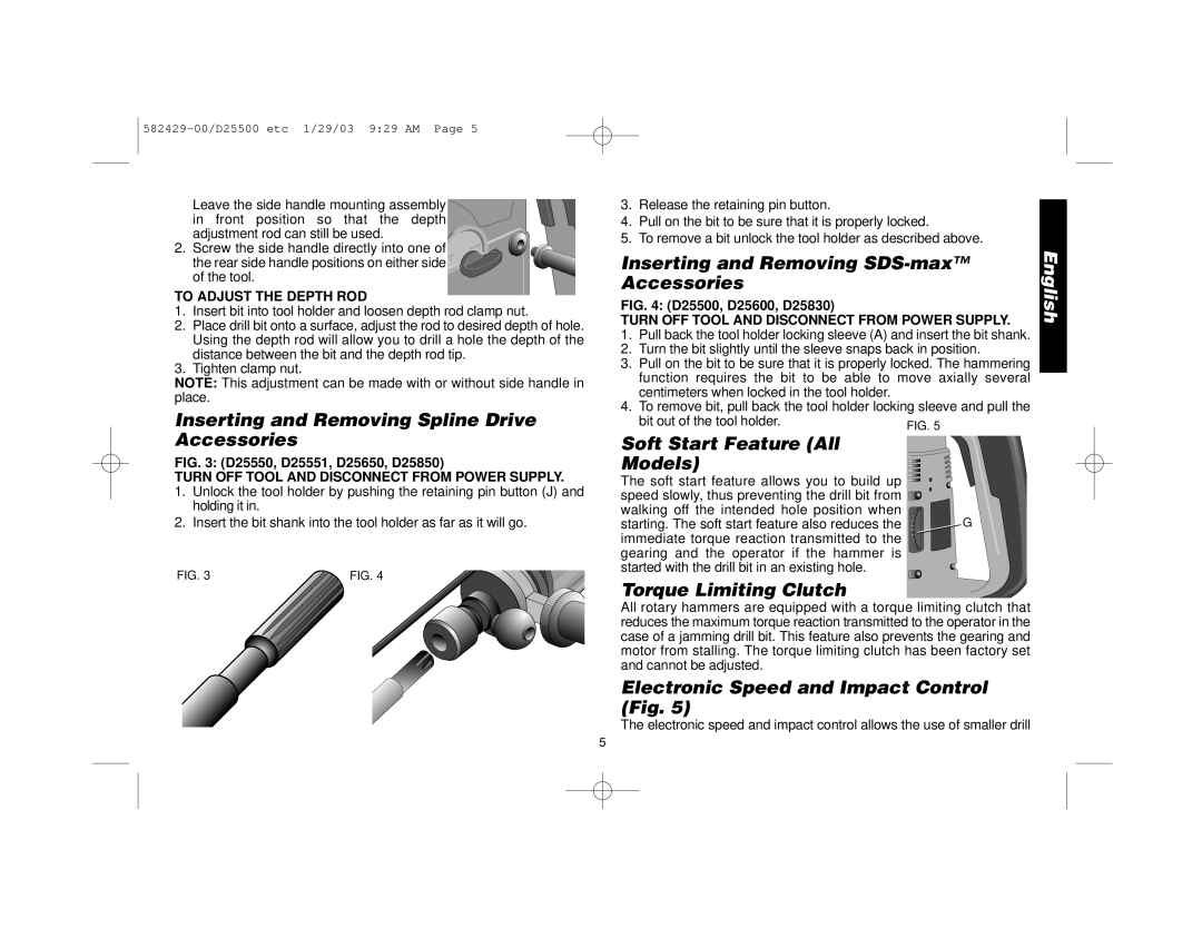 Black & Decker D25550, D25650, D25850 manual Inserting and Removing Spline Drive, Inserting and Removing SDS-max Accessories 