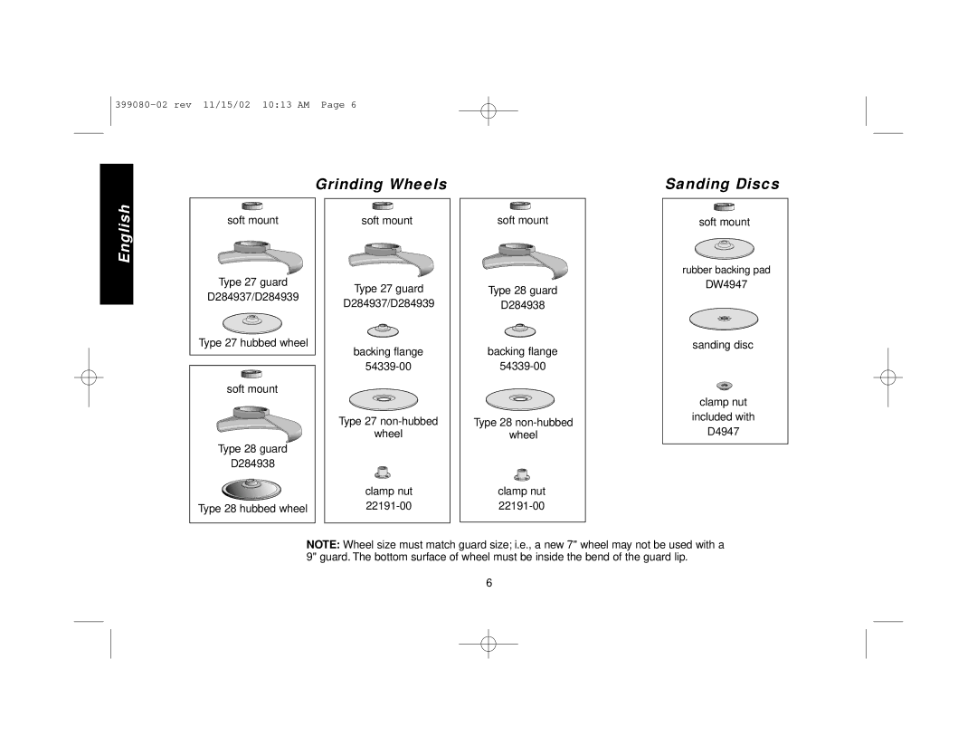 Black & Decker D28474, D28494, D28497 manual Grinding Wheels Sanding Discs, DW4947 Sanding disc Clamp nut Included with D4947 