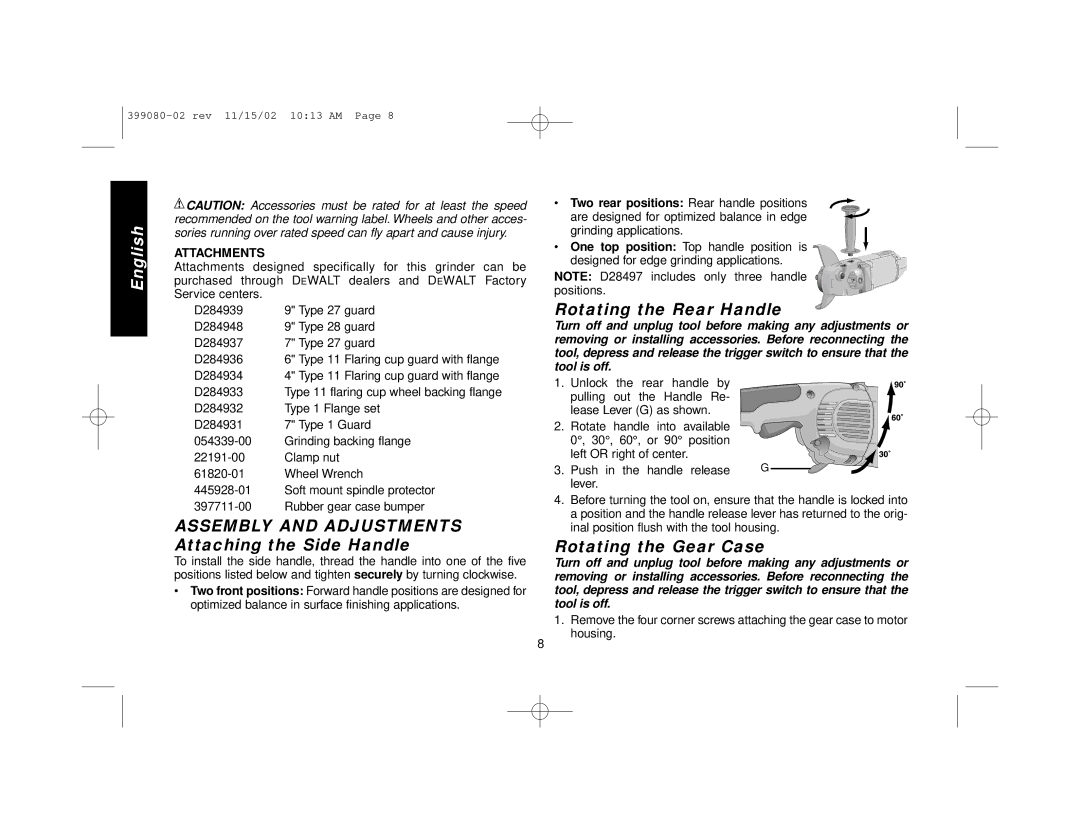 Black & Decker D28494 Assembly and Adjustments Attaching the Side Handle, Rotating the Rear Handle, Rotating the Gear Case 