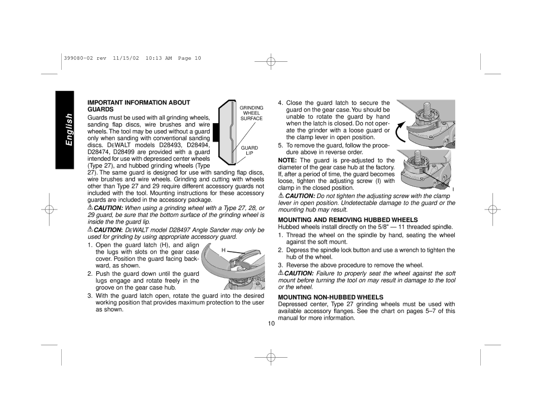 Black & Decker D28493 Important Information about Guards, Mounting and Removing Hubbed Wheels, Mounting NON-HUBBED Wheels 