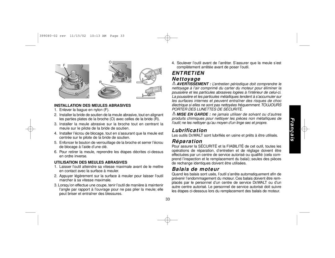 Black & Decker D28497, D28494, D28493, D28499, D28474 manual Entretien, Nettoyage, Lubrification, Réparation, Balais de moteur 