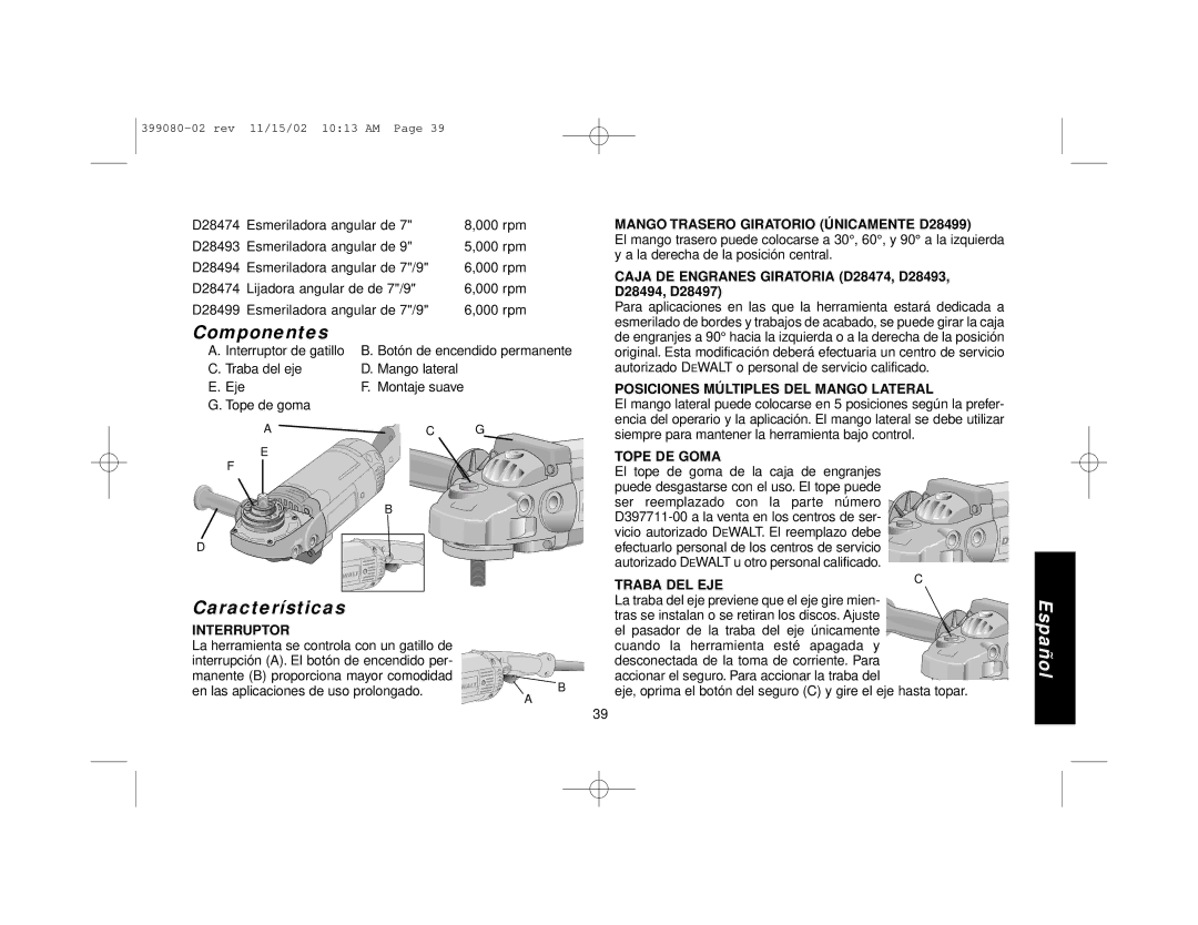 Black & Decker D28497, D28494, D28493, D28499, D28474, 399080-02 manual Componentes, Características 