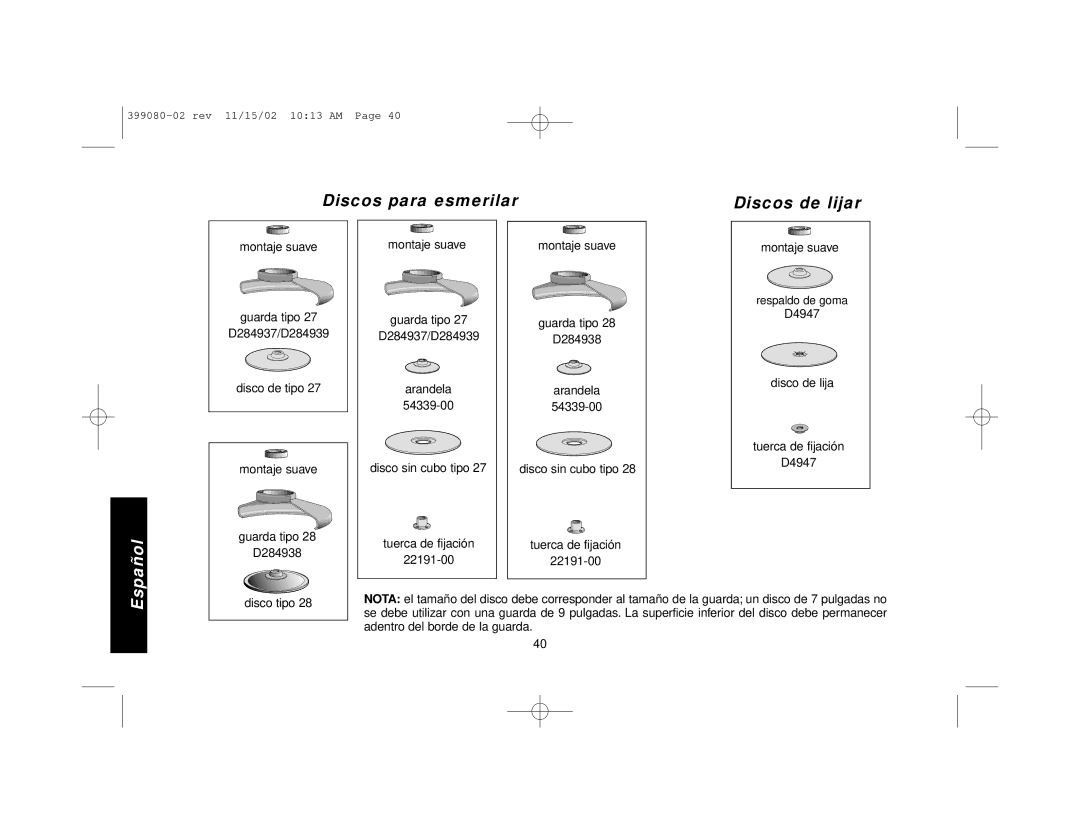 Black & Decker D28493, D28494, D28497, D28499, D28474, 399080-02 manual Discos para esmerilar Discos de lijar 