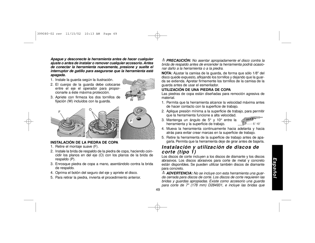 Black & Decker 399080-02, D28494 manual Instalación y utilización de discos de corte tipo, Instalación DE LA Piedra DE Copa 