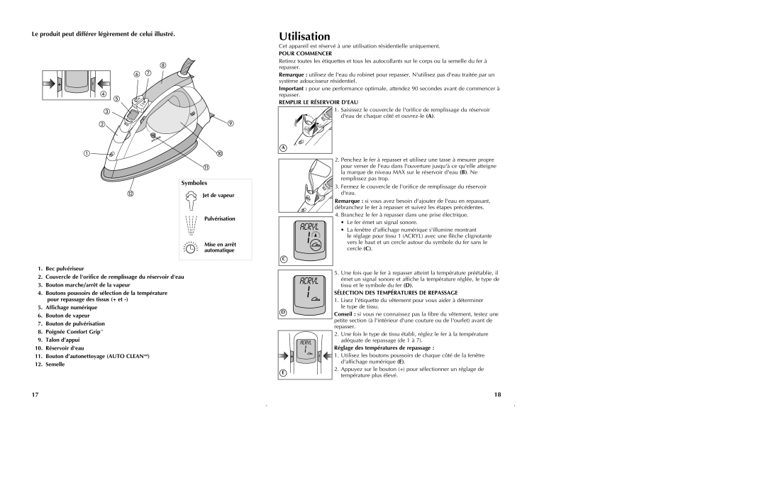 Black & Decker D5500 manual Utilisation, Pour Commencer, Remplir LE Réservoir Deau, Sélection DES Températures DE Repassage 