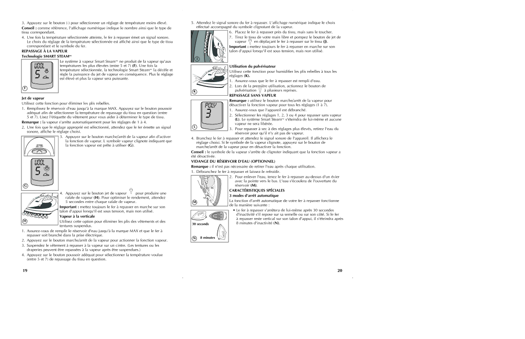 Black & Decker D5000, D5500 manual Repassage À LA Vapeur, Repassage Sans Vapeur, Vidange DU Réservoir Deau Optionnel 