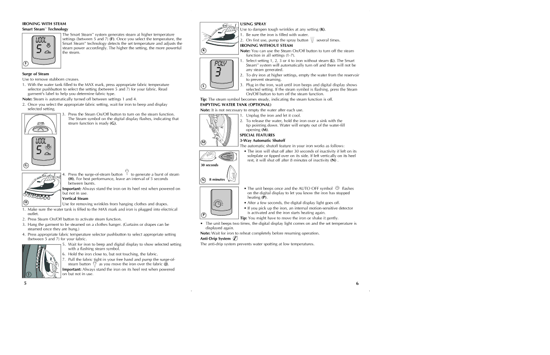 Black & Decker D5500, D5000 manual Ironing with Steam, Using Spray, Ironing Without Steam, Empyting Water Tank Optional 