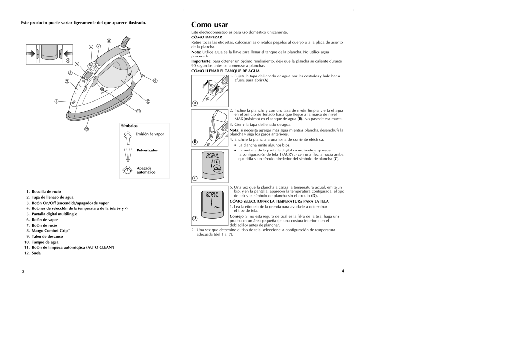 Black & Decker D5501 manual Como usar, Emisión de vapor Pulverizador, Cómo Empezar, Cómo Llenar EL Tanque DE Agua 