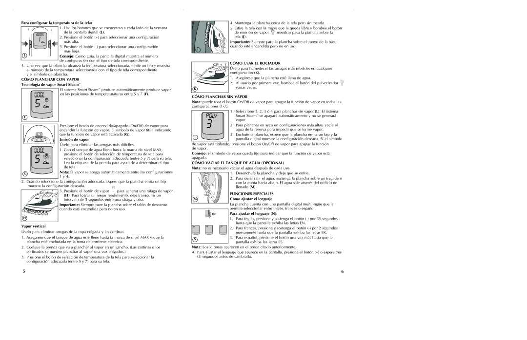 Black & Decker D5501 manual Cómo Usar EL Rociador, Cómo Planchar SIN Vapor, Cómo Vaciar EL Tanque DE Agua Opcional 