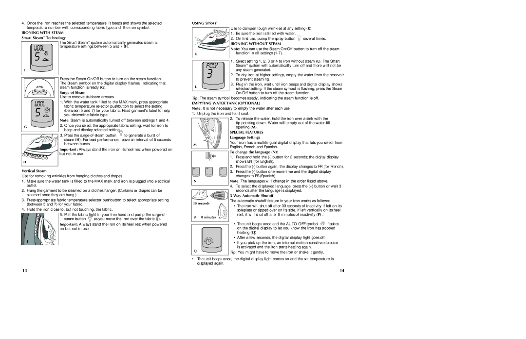 Black & Decker D5501 manual Ironing with Steam, Using Spray, Ironing Without Steam, Empyting Water Tank Optional 